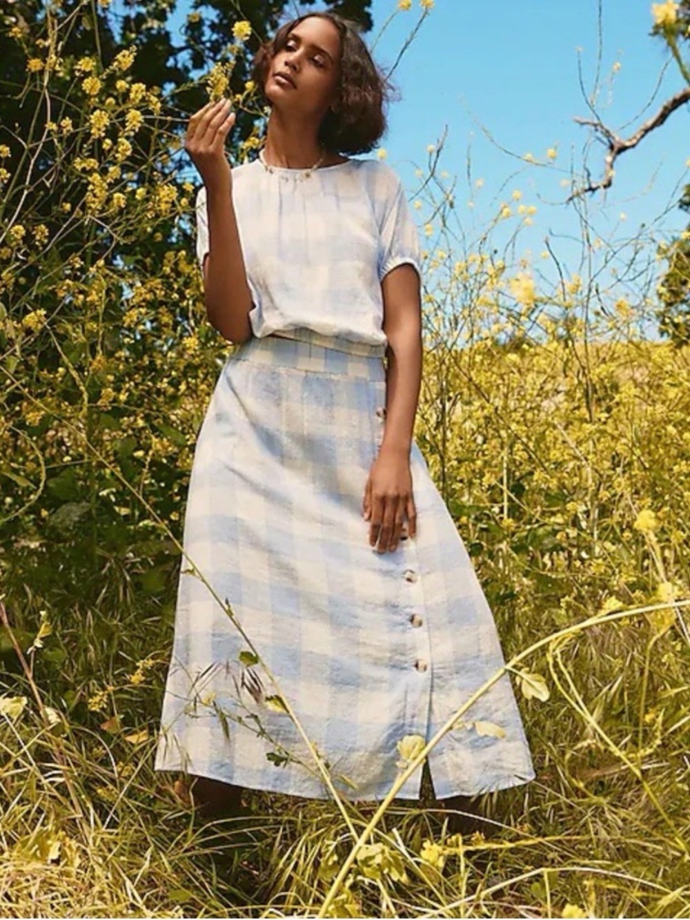 Madewell Light Blue Gingham Check Midi Skirt